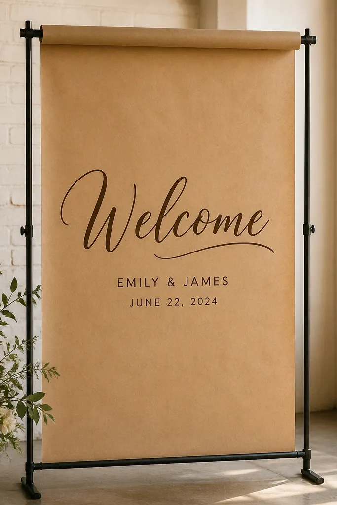A kraft paper roll unspooled into a straight banner on a stand. "Welcome" is in dark brown vinyl with a calligraphy-like font. Names and date are centered beneath in smaller simple vinyl letters.