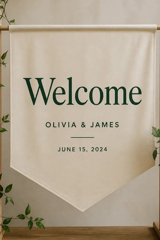 A cream fabric banner stretched on a simple wooden dowel frame. "Welcome" is cut from dark green iron-on vinyl and applied in crisp letters. Names and date sit below in smaller matching vinyl, with clean folded edges.