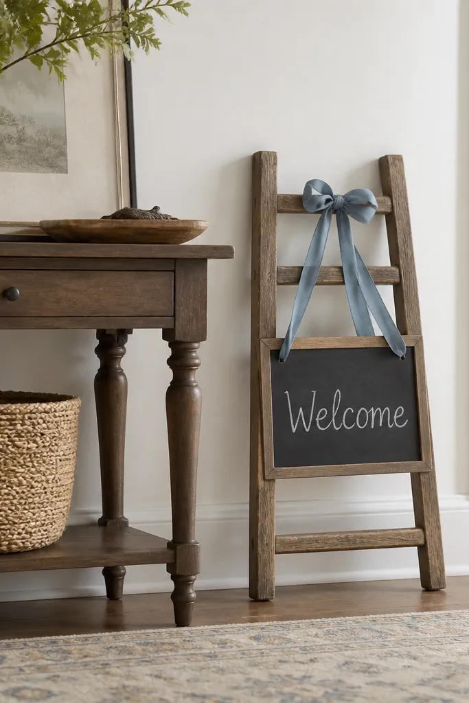 A small chalkboard mounted on a wooden ladder rung. The word "Welcome" is written in white chalk, and a ribbon bow in dusty blue hangs from the top. The ladder rung sign sits on the floor beside an entry table.