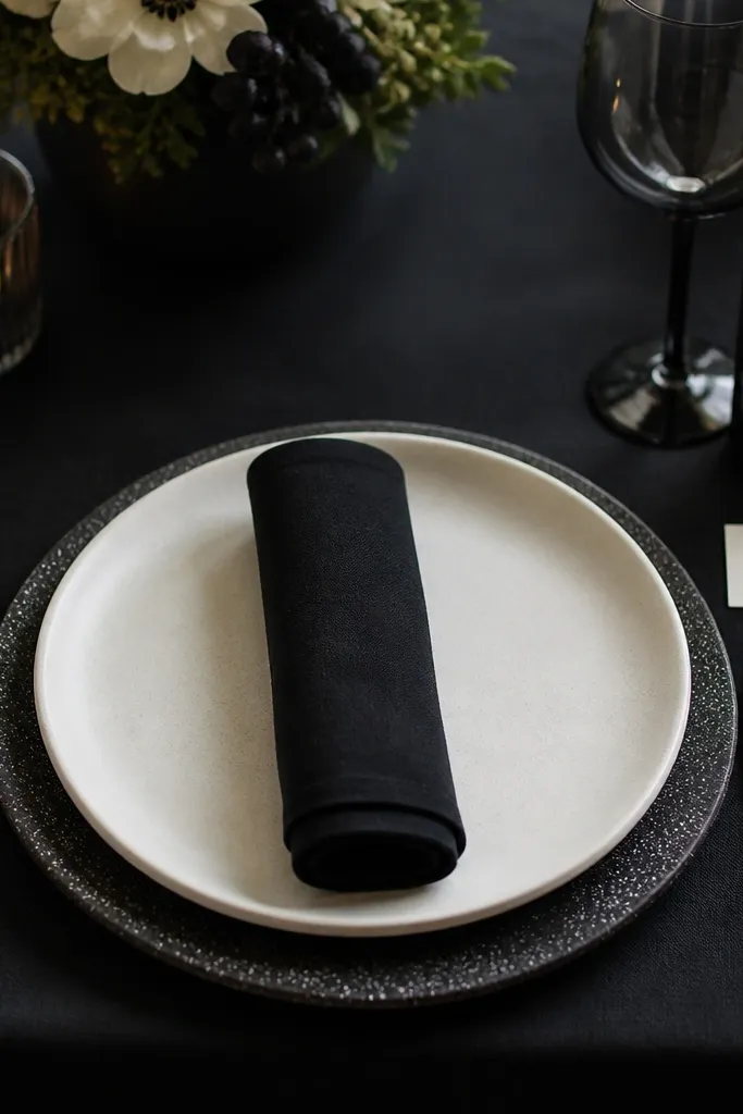 Each place setting has a thick stoneware white dinner plate. Under it sits a speckled black charger with tiny white flecks. A black linen napkin is folded into a simple roll, and a small white place card rests on the right side.