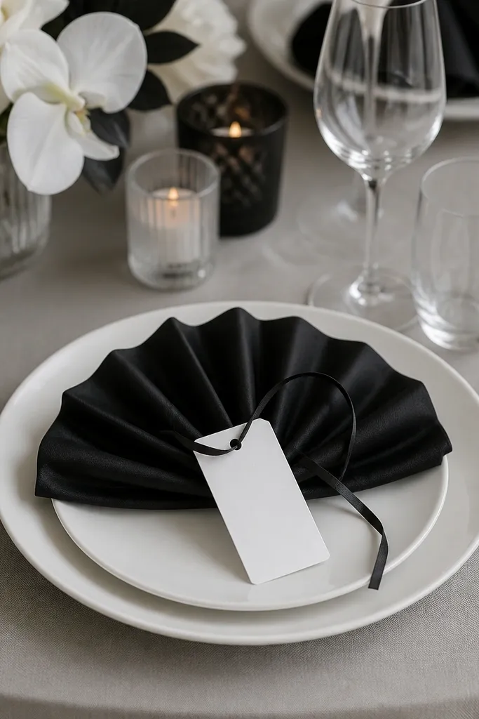 White plates and black flatware. Each napkin is folded into a neat fan shape from black satin fabric. A white place card is tied with a thin black ribbon loop around the top of the card, and the ribbon trails slightly into the center.