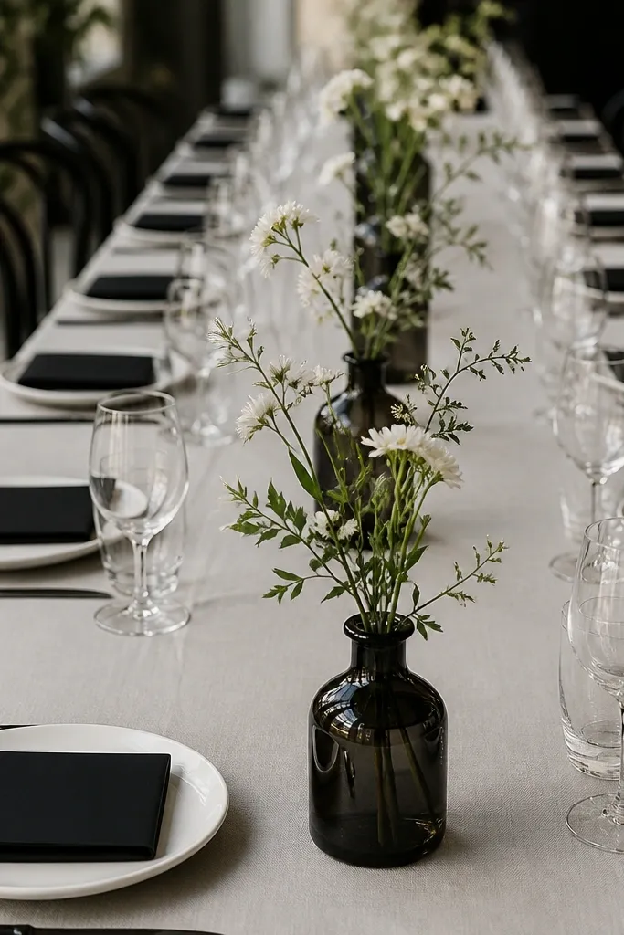 A long table with black glass bud vases standing on the centerline. Each vase has a few white mini blooms and greenery. Place settings show white plates, black napkins folded in half, and black menu cards.