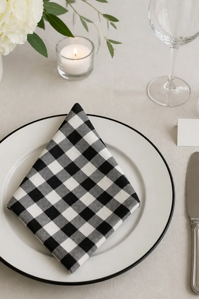 White dinner plates with black rims. Black-and-white check napkins are folded into a sharp square with a pointed corner facing upward. A simple white place card sits straight above the knife.