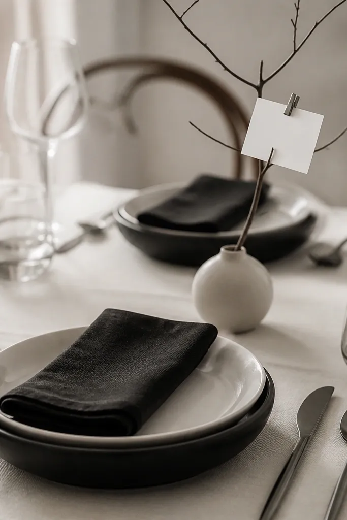 Black ceramic bowl-shaped chargers under white plates. Each napkin is black linen folded into a rectangle. A small white card is clipped to a thin black twig placed in a mini vase.