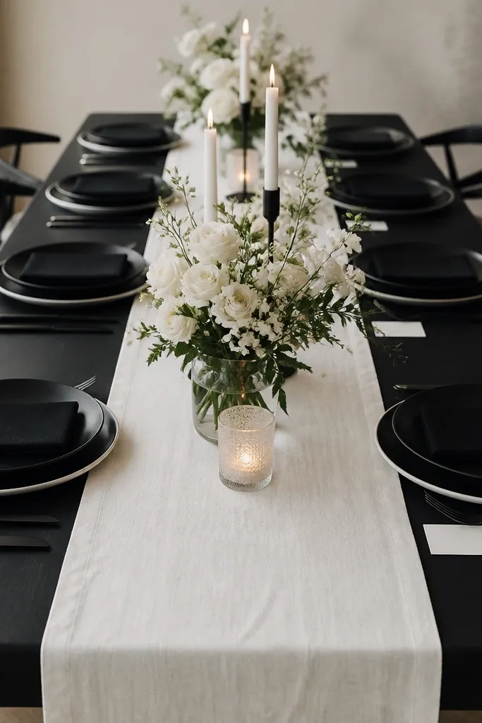 A white runner down the center. Black dinner plates are set on top of thin white-rim chargers. Black napkins are folded in half, and white place cards sit beside the knife. The overall look is high-contrast and minimal.