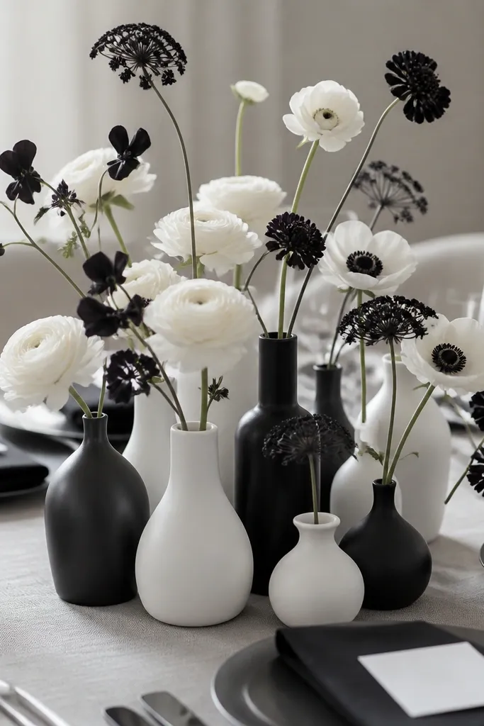 A centerpiece made of grouped ceramic bud vases: some are matte black, some are matte white. White and black-tinted flowers sit in each vase, and the place settings have black napkins with white place cards.