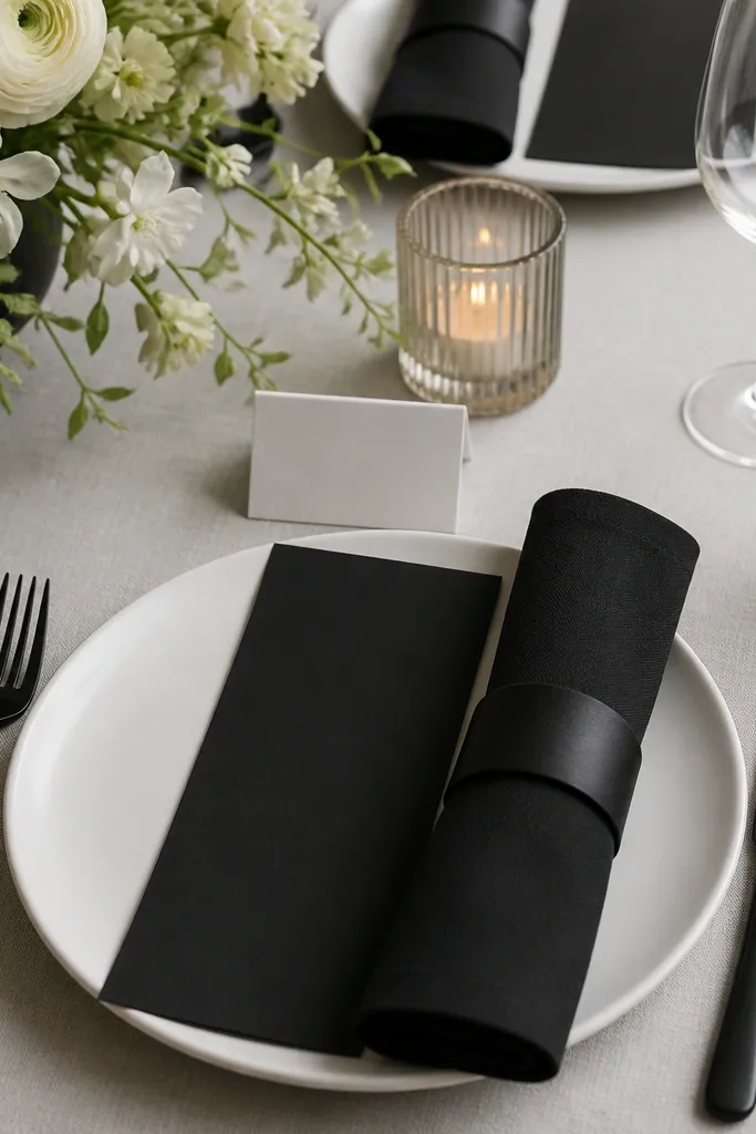 Black napkins wrapped with thick black ribbon napkin rings. Menus are black cards with white text, and place cards are white with black script. White plates and black cutlery keep the frame crisp.
