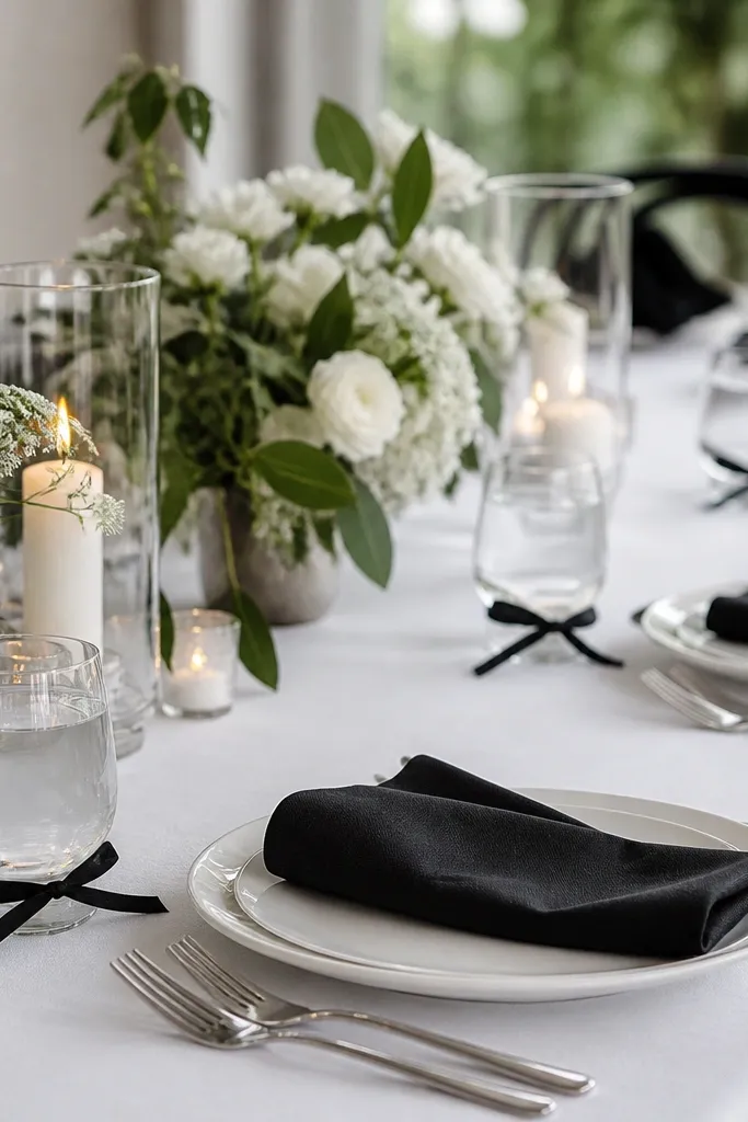 Water glasses at each place wrapped with thin black ribbon bands. The table has white linens, black napkins, and white plates. The ribbons are tied in small bows at the base of the glass.