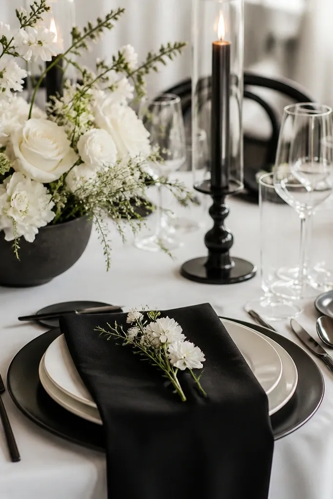 Chic black and white wedding table settings