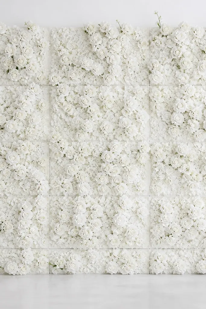 A structured white flower wall made of rectangular foam board panels covered with faux white roses and small filler blooms. The grid looks uniform, with blossoms placed in clusters. The background is bright white, and a few stems show through near the edges for natural texture.