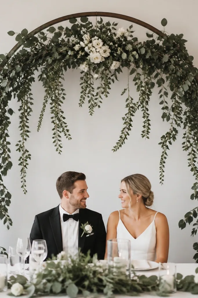 A tall arched backdrop framed with light wood or black metal, wrapped in deep green eucalyptus-style leaves. Several vine strands hang down in soft loops, with small white flowers tucked near the arch center. The arch sits behind the couple's chairs.