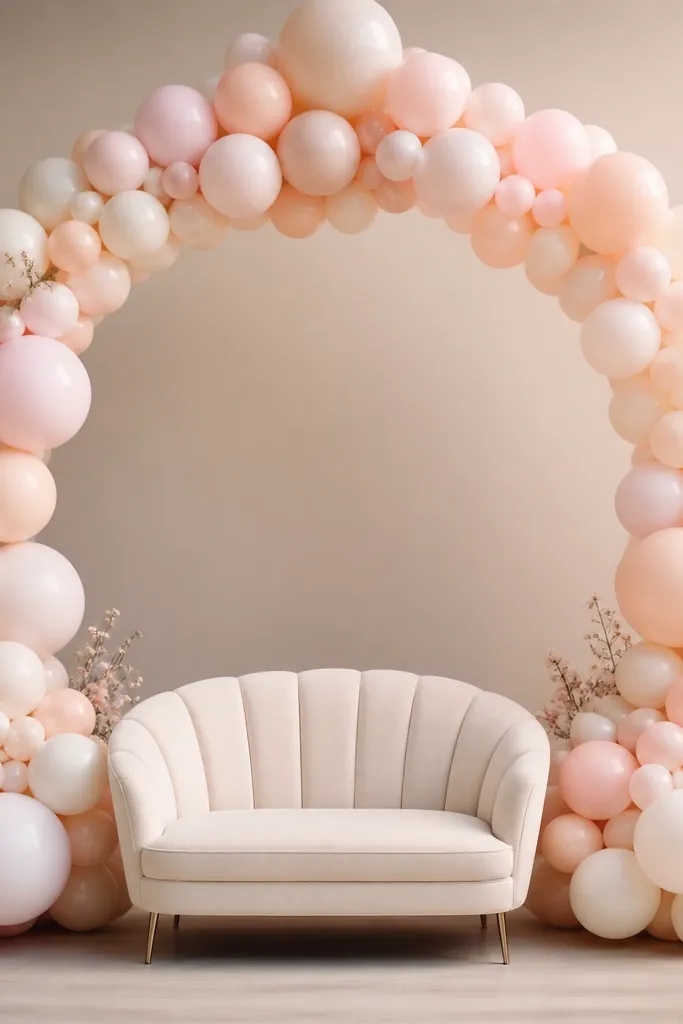 A circular halo balloon arrangement in pastel blush, pale pink, and cream. The halo is centered behind the couple, with small clusters of balloons filling the lower corners. A few balloons show a soft matte finish, and the center has a clear space for the couple's seating.