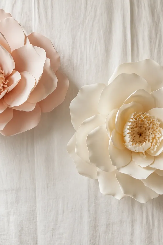 A tall linen backdrop in warm white with two oversized paper flowers in blush and cream. The flowers have layered petals and sit at the left and center right positions. Soft shadowing from the paper petals adds depth, and the fabric has subtle wrinkling for a natural look.