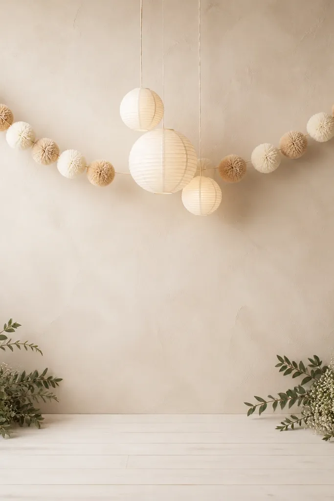 A backdrop made of neutral cream and beige pom balls strung in a gentle arc across the stage wall. Two or three mini paper lanterns in warm white hang near the center, with a small cluster of greenery at the bottom corners.