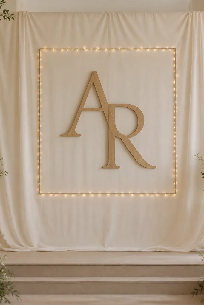 A large fabric banner in ivory hangs behind the stage with a centered monogram made of wooden letters. The letters are light oak with a smooth finish and sit inside a thin rectangular frame. Small string lights outline the frame edges.