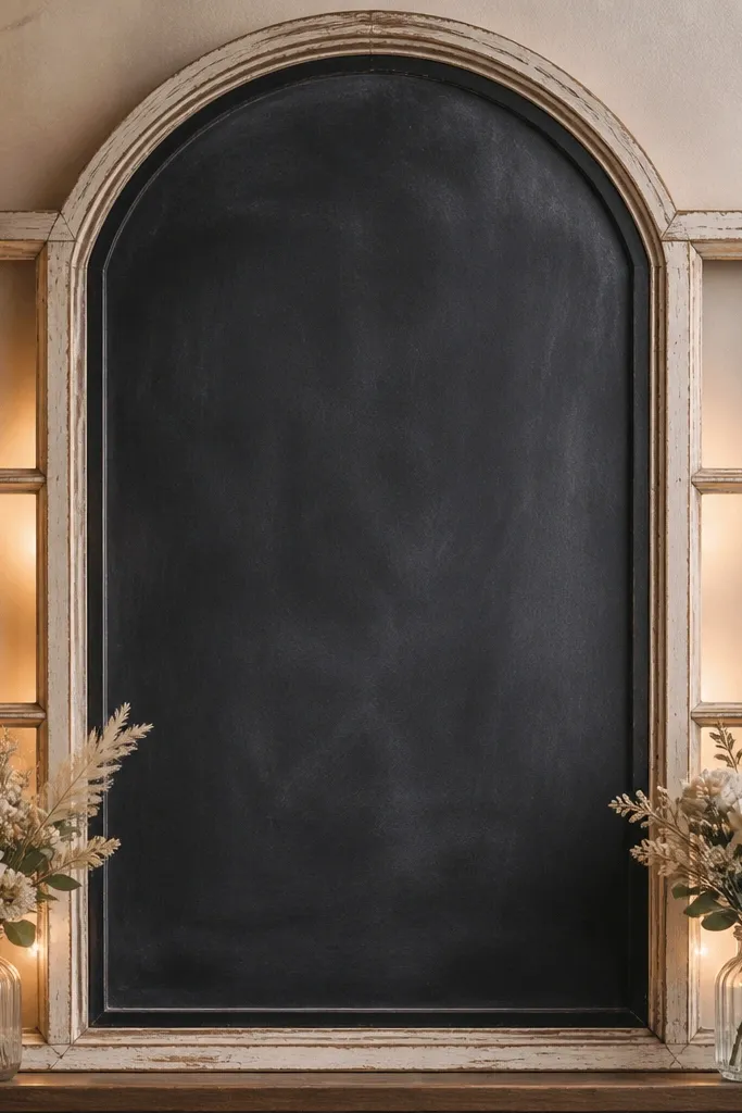 A tall chalkboard styled like a window frame, with a dark slate finish and a centered arch top. The chalk lettering is minimal and legible, and faux florals sit in small vases at the bottom corners. Warm light glows behind the chalkboard.