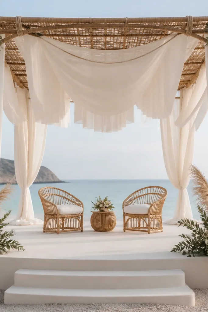 A rattan or wicker canopy frame above the stage with multiple hanging white fabric panels. The fabric drapes down in soft layers, and the top frame is woven and light brown. A few sprigs of greenery sit at the canopy corners.