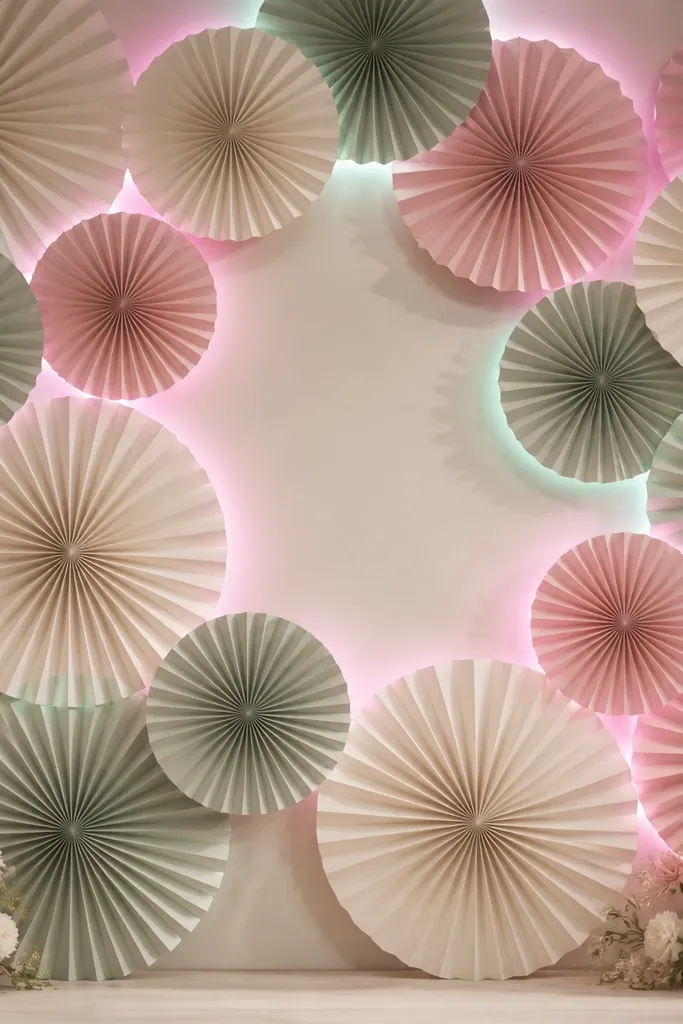 A stage backdrop with large folded paper fans in soft ivory, dusty blush, and muted sage. The fans are arranged in a staggered grid, with a thin watercolor-like edge glow created by magenta and mint LED strips hidden behind them. The center has a small empty space for a couple's sign, and the fans cast crisp shadows on the wall.