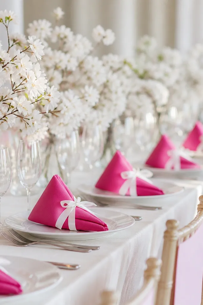 Bright hot pink napkins folded into a triangle with a white ribbon. White cherry blossoms in small vases line the table. The plates are simple white, and chair back signs are pale pink with black text.