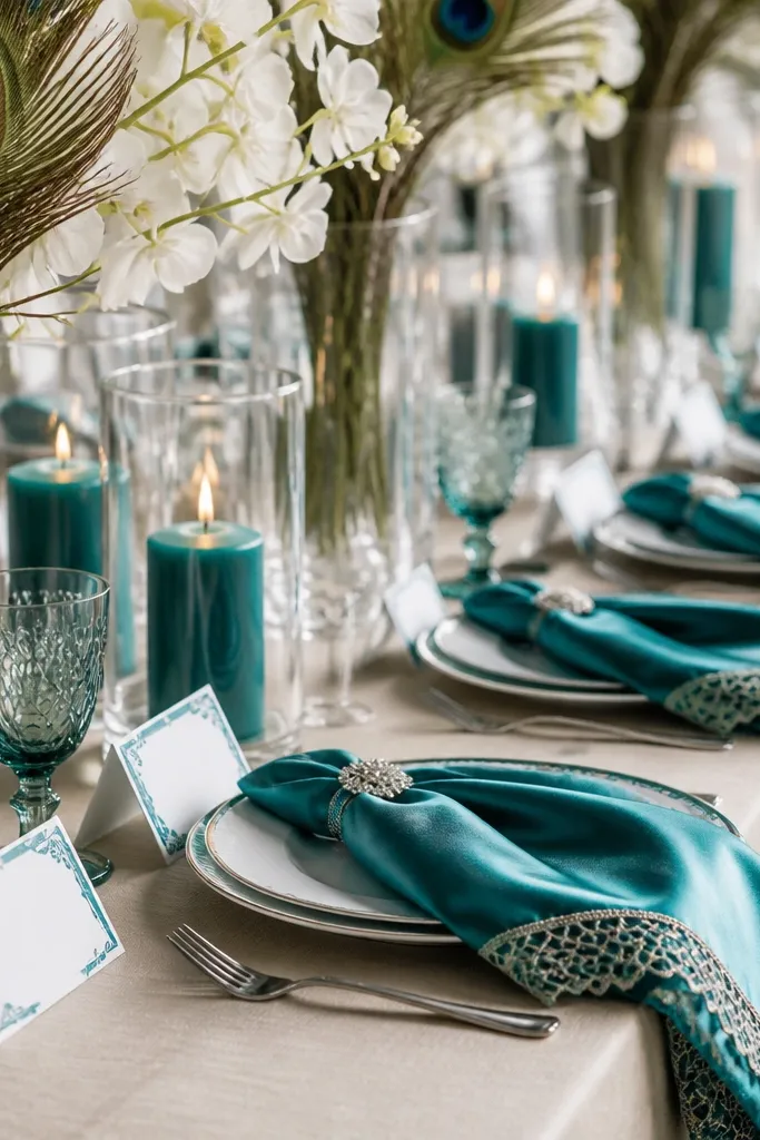 Teal satin napkins with lace trim are draped over plates. Tall clear vases hold peacock feathers and white flowers. Teal candles glow in glass cylinder holders, and place cards are white with teal accents.