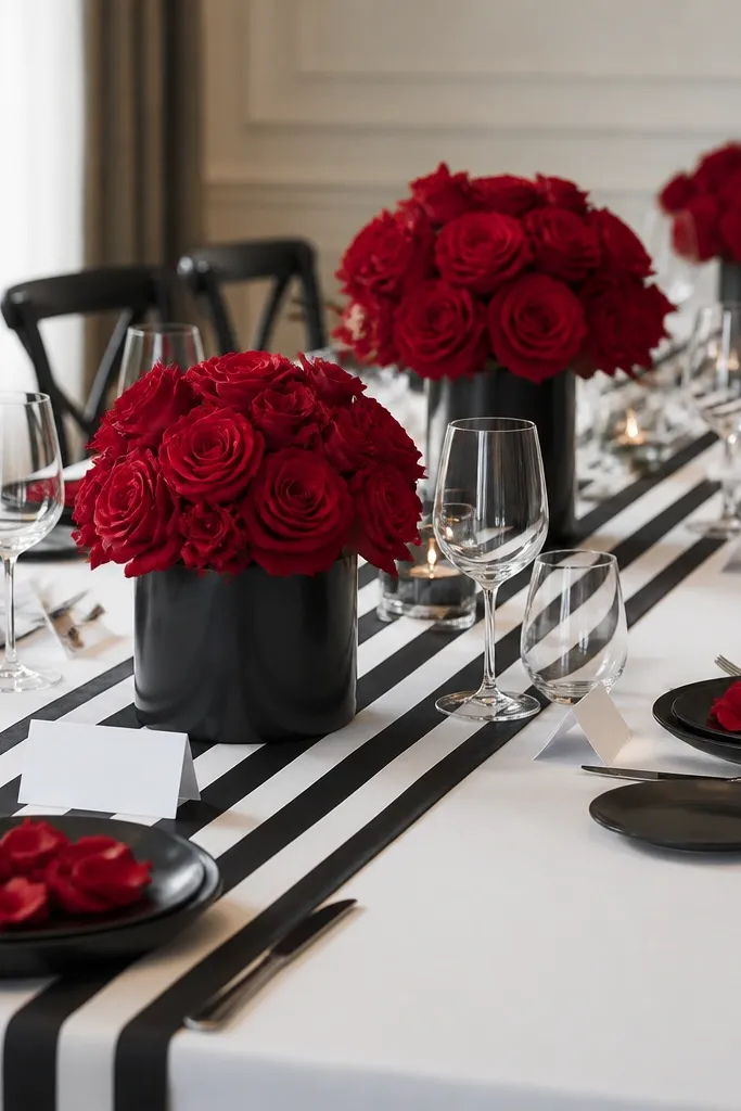 A black-and-white striped table runner over a white tablecloth. Red rose petals sit at each place on a small black plate. Centerpieces are red roses in black vases, and place cards are white with black lettering.