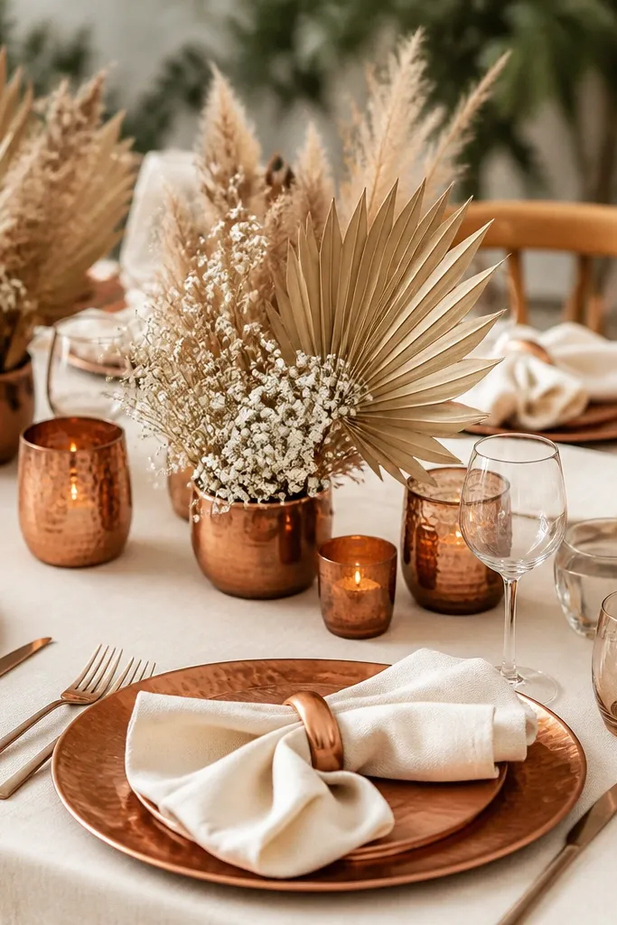 A cream tablecloth with copper-toned chargers. Cream napkins are folded and held with copper napkin rings. Centerpieces include dried palm fronds, copper candle cups, and small white flowers.
