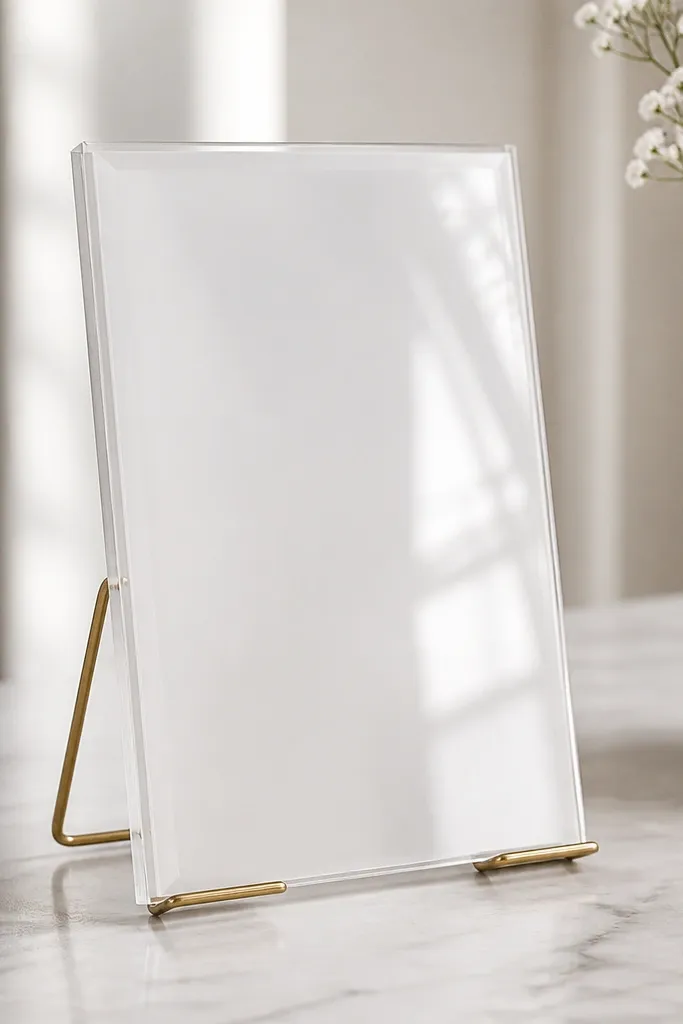 A small 6x8 sign printed with white lettering on a clear acrylic sheet, backed by a frosted white panel. It stands in a minimal metal easel and catches light with a clean, modern look.