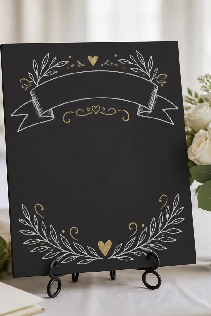 A 10x12 matte black board-style welcome sign with faux chalk lettering in white and soft gold accents. It sits on a small countertop stand at the edge of a welcome table.