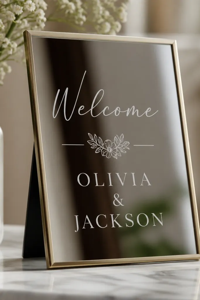 A compact mirror sign (about 8x10) leaning on a stand. The mirror has etched-style vinyl text reading "Welcome" and the couple's names in a clean layout.