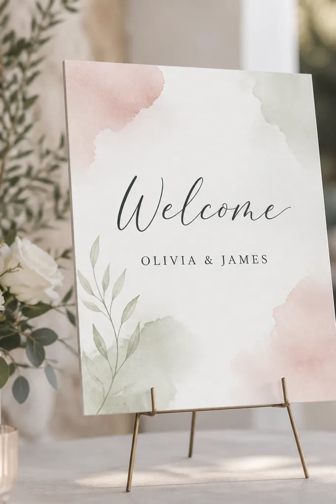 An 8x10 watercolor card with soft blush and sage washes. "Welcome" is written in dark ink script and the couple's names are in a neat serif below. It sits on a thin metal table easel.