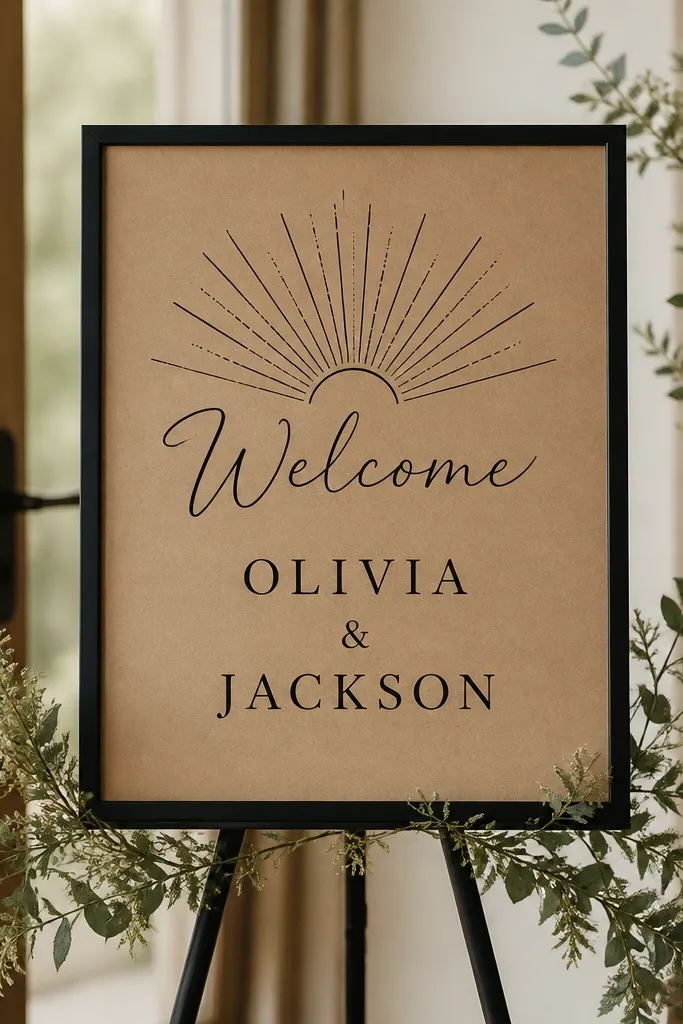 A 10x12 kraft paper sign with a black sunburst graphic behind "Welcome." The couple's names sit centered in black. It's framed in a thin black frame.