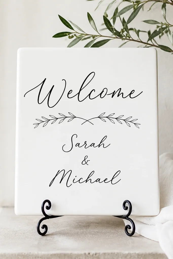 A 10x12 white tile sign with hand-lettered black ink "Welcome" and the couple's names. It's propped on a small black metal stand.