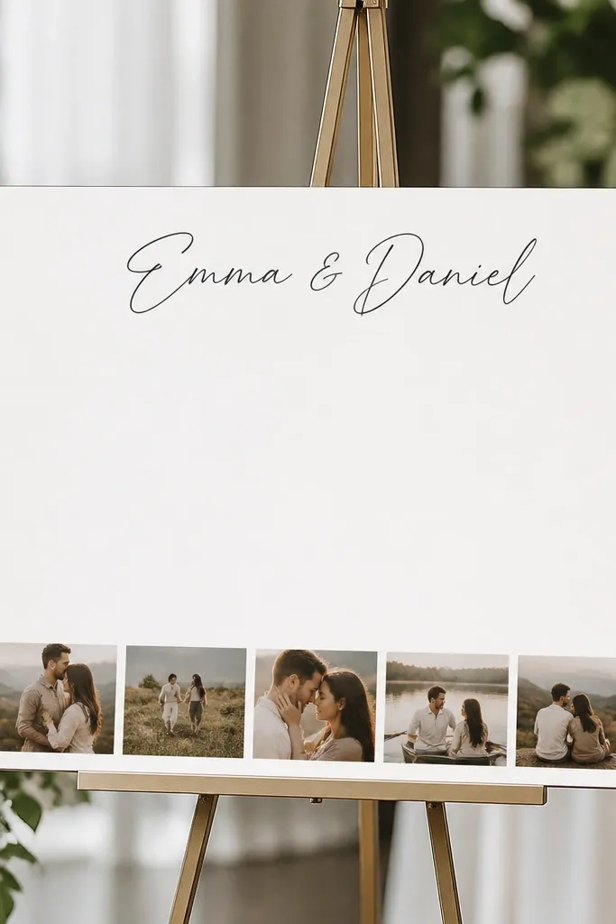 An 8x10 sign with a clean white background. The couple's names are centered at the top, and a thin strip of small photo frames runs along the bottom as a border. It sits on a narrow easel.