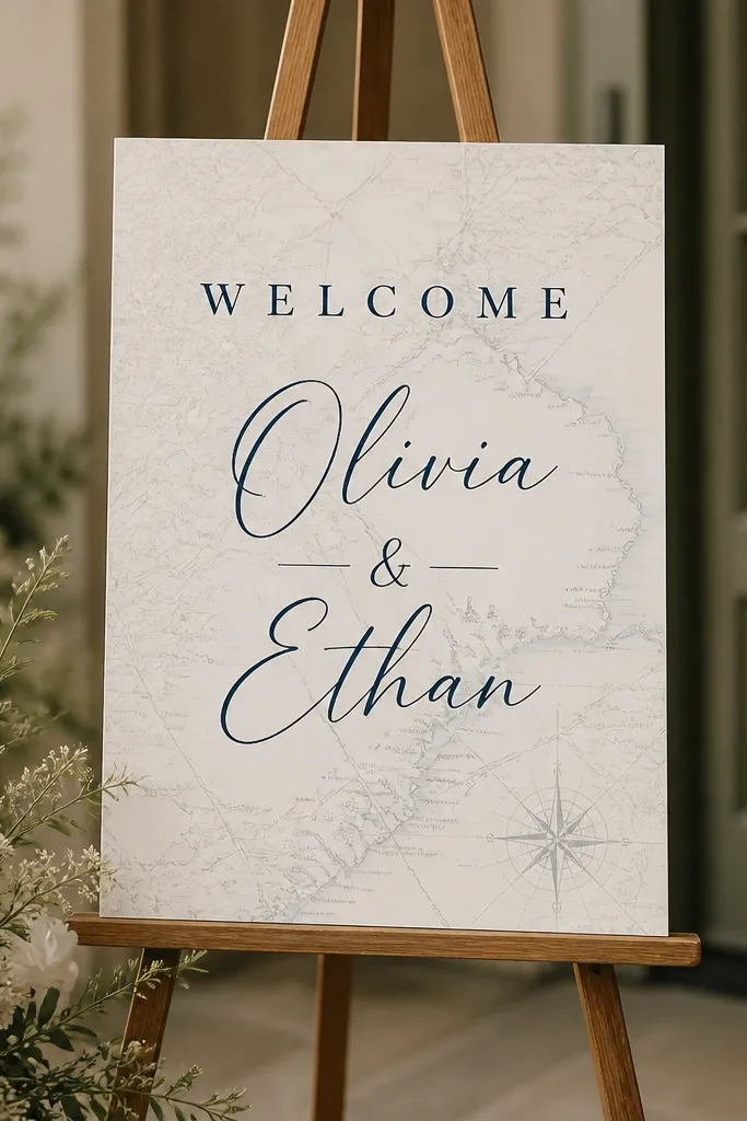 An 8x10 sign that looks like a map background with subtle lines. "Welcome" is printed on top in dark navy, and the couple's names are centered. It sits on an easel.