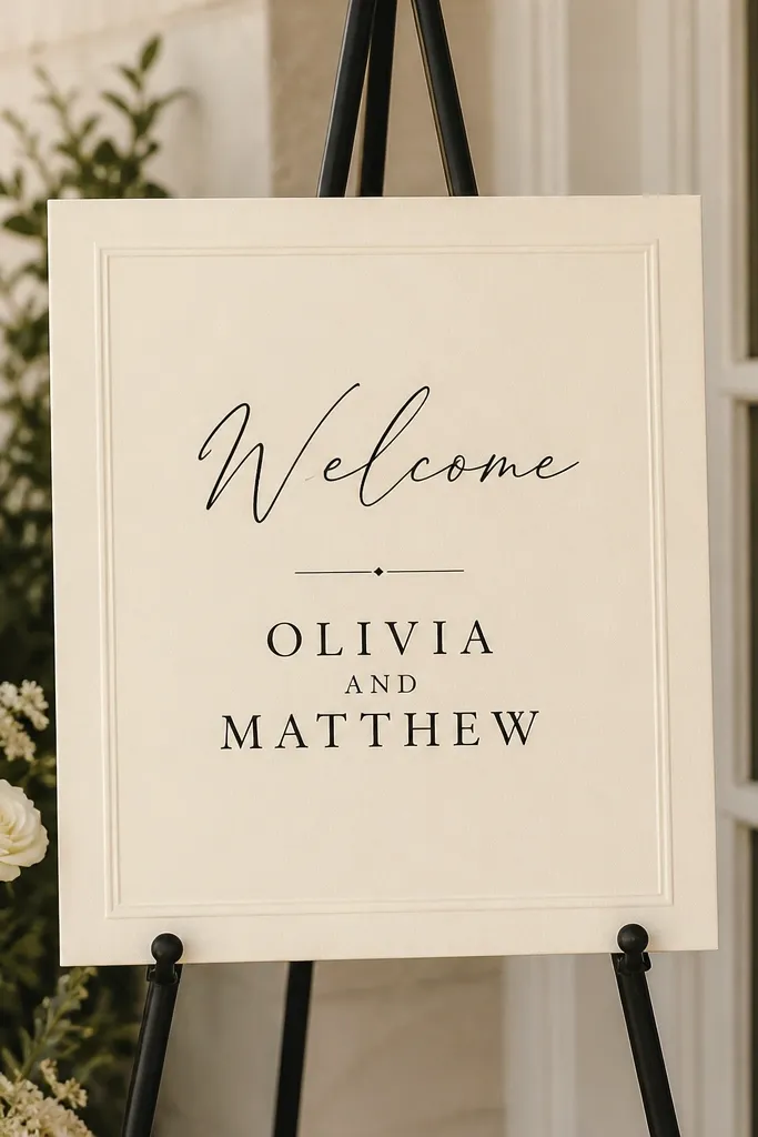 A 10x12 cream board sign with a subtle embossed border. "Welcome" is in black lettering and the couple's names are in a simple serif. It's displayed on a standing easel.