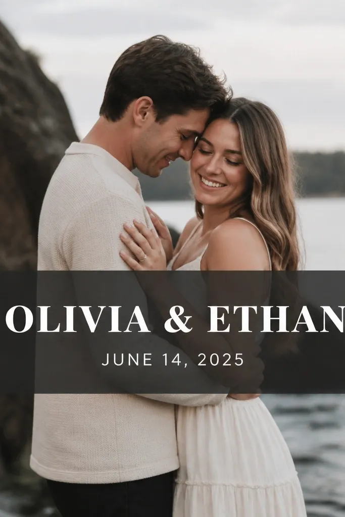 A save-the-date card where the photo fills the entire background. A dark charcoal translucent band runs across the middle with white text. The couple names sit in the band in a bold serif, and the date is in smaller sans-serif under the names.