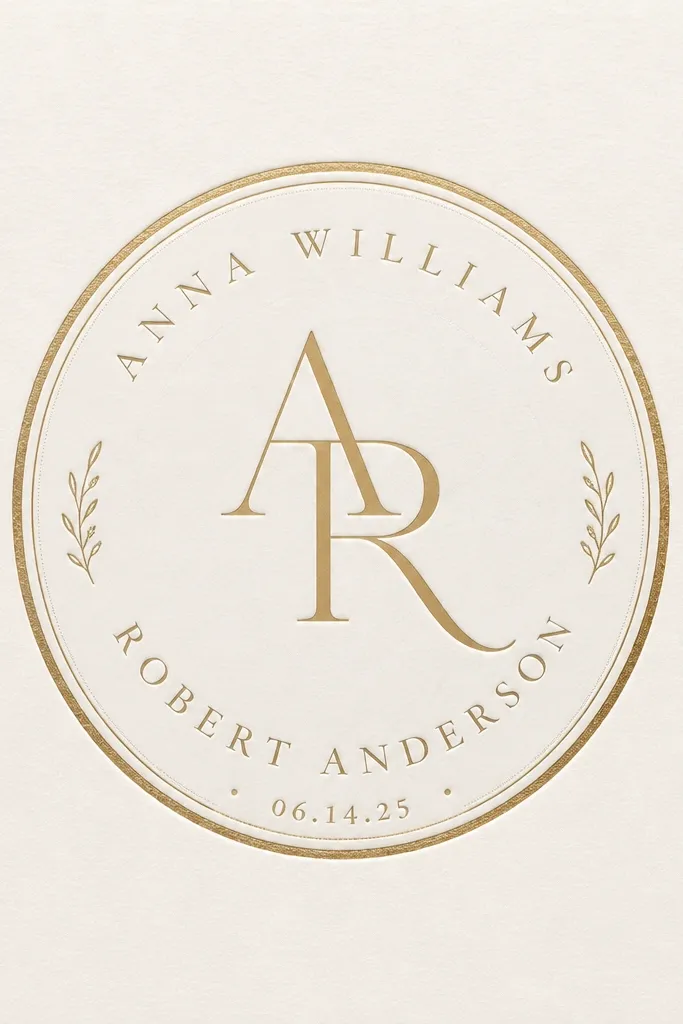 A save-the-date with an off-white background. In the center is a circular seal graphic with a stylized monogram in the middle. The circle has a gold-toned outer ring and a subtle texture. Names appear in small serif text around the center, with the date in a short line at the bottom.