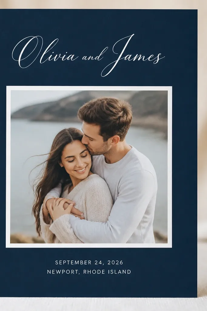 A navy-blue card with a white rectangular mat holding a couple photo. The couple names are written in a flowing navy script near the top, with the date and location in small white sans-serif text below.
