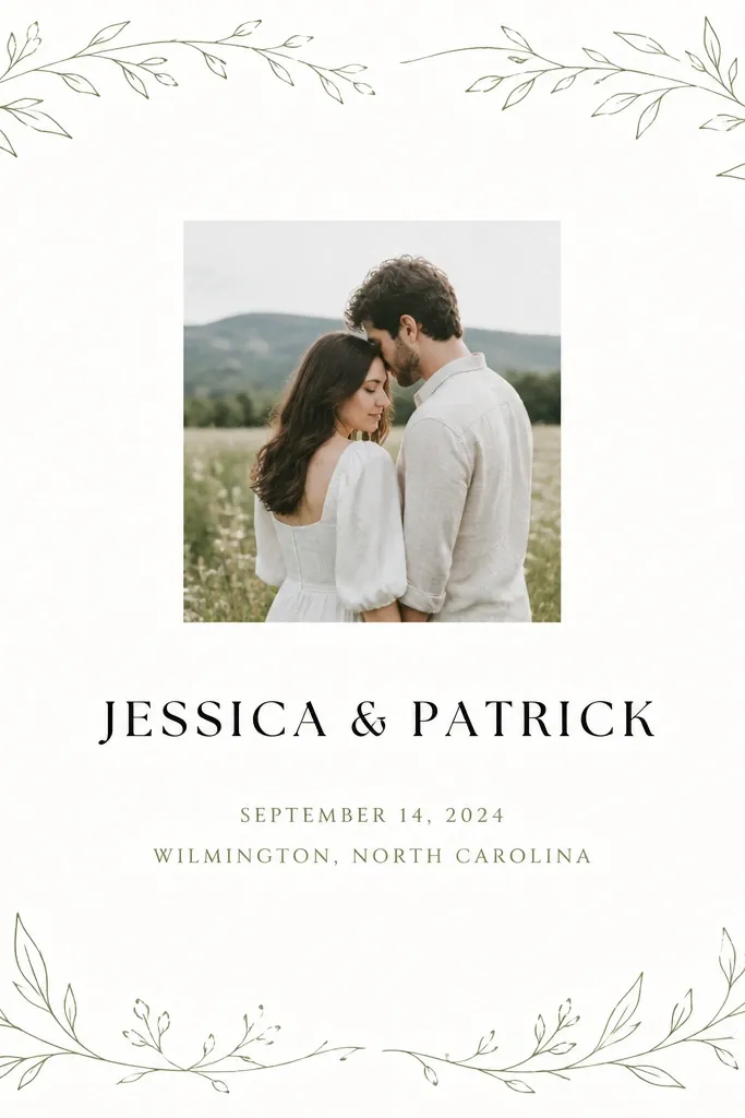 A white save-the-date with a thin botanical line art border in muted green around the edges. In the center, couple names are in black serif. A small photo sits above the names, and the date and location are in small green text below.