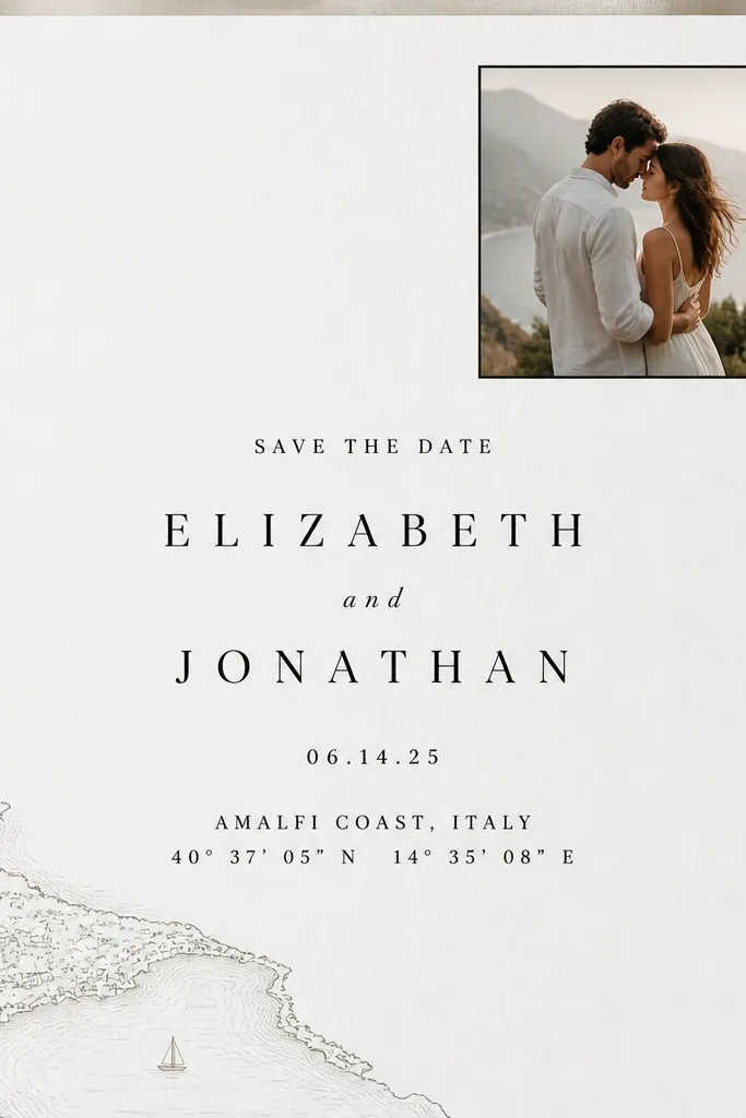 A white save-the-date with a small map graphic in the bottom corner. The couple names are centered in black. A small photo sits in the top right corner with a thin black border. The date and location include latitude/longitude coordinates in small caps.