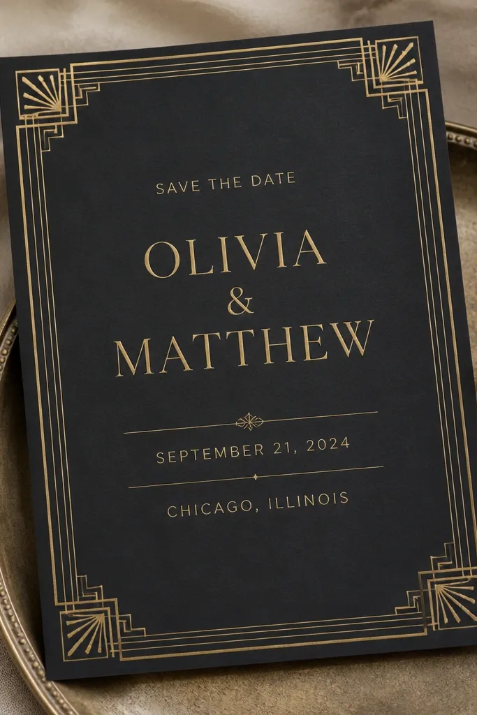 A black or deep charcoal save-the-date with an art deco style border in gold. Inside, the couple names are centered in gold serif. The date and location sit between thin gold divider lines, with small gold ornament corners.