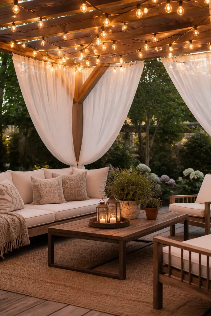A backyard seating area with bistro string lights overhead and white sheer curtains draped along posts; the light is diffused and warm, creating a tent-like feel.