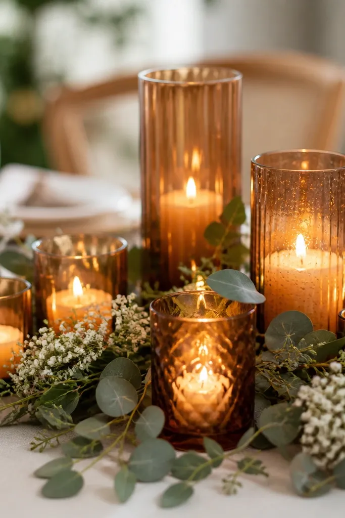 A table centerpiece made of multiple amber glass votives and candle holders in different heights, with greenery and tiny white flowers around them.