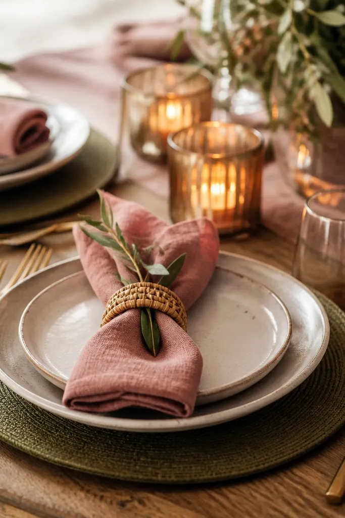 A table setting with dusty rose linen napkins folded neatly, olive-toned chargers or place mats underneath, and warm amber candlelight in the background.