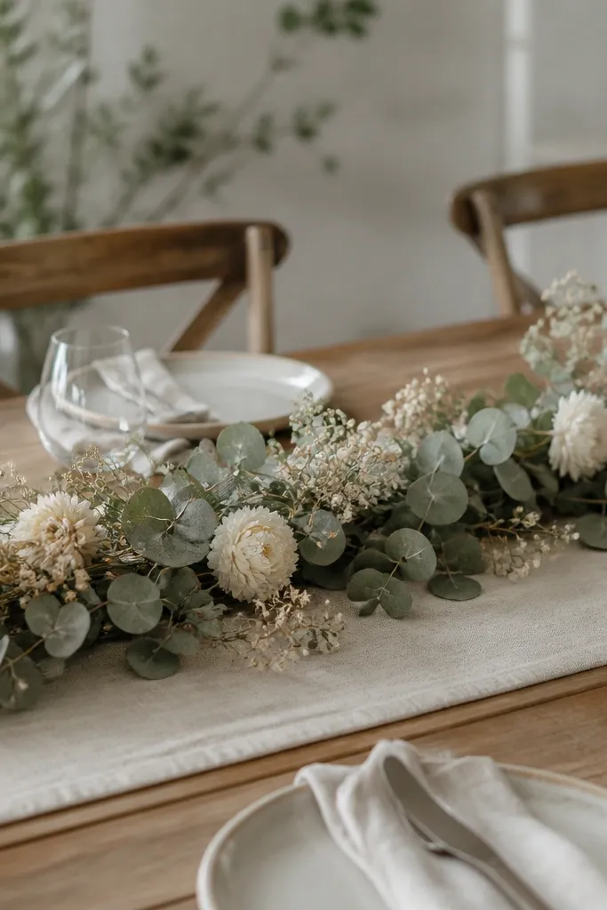 A low table runner centerpiece with dried eucalyptus leaves and cream flowers spread across the length, leaving plenty of open space for plates.