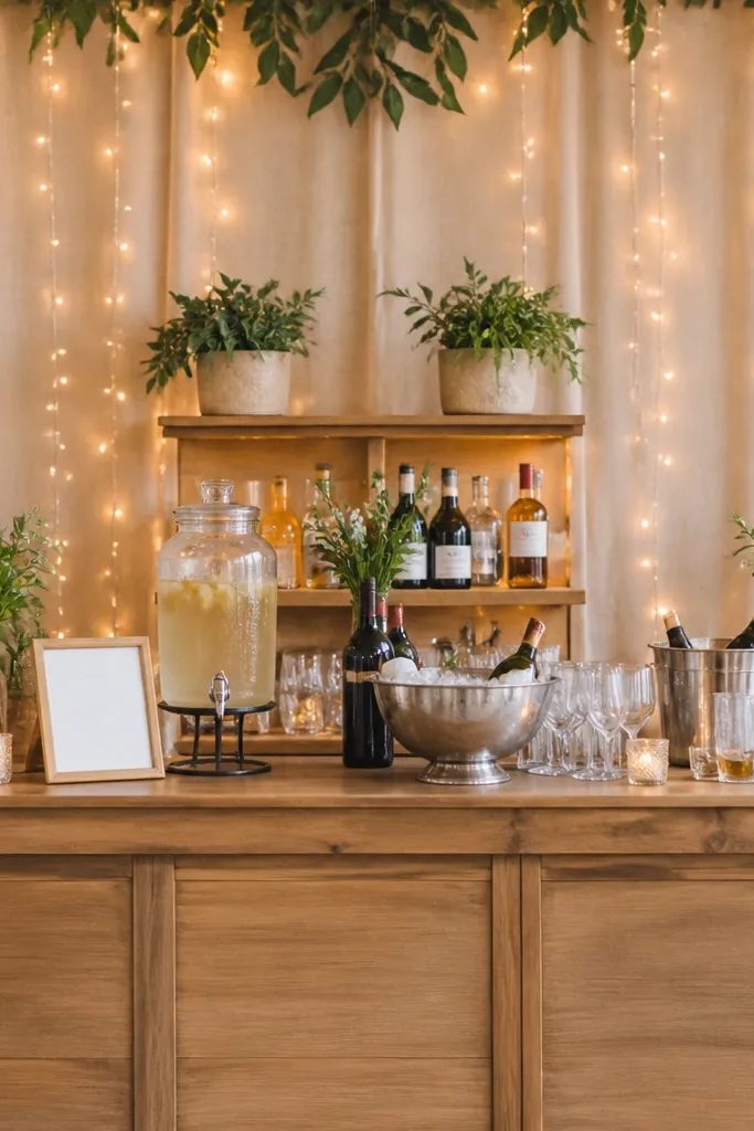 A drink bar built from warm wood with a linen backdrop, small framed menu cards, and warm fairy lights behind the counter.