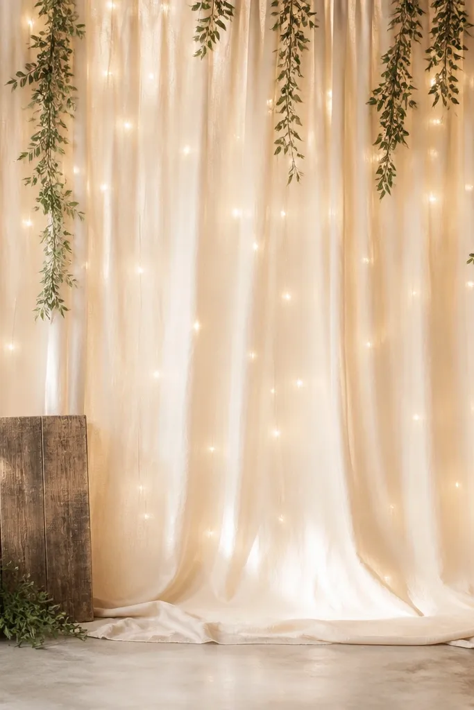 A simple photo backdrop made from one warm cream fabric panel with soft string lights behind it, plus a small wooden sign and a few hanging greenery pieces.
