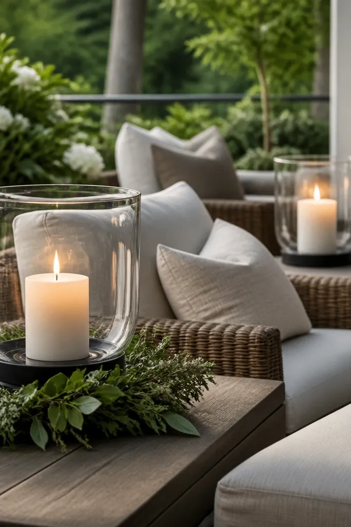 Hurricane candle holders placed at table height around the seating area, with warm flames visible through glass and greenery accents nearby.