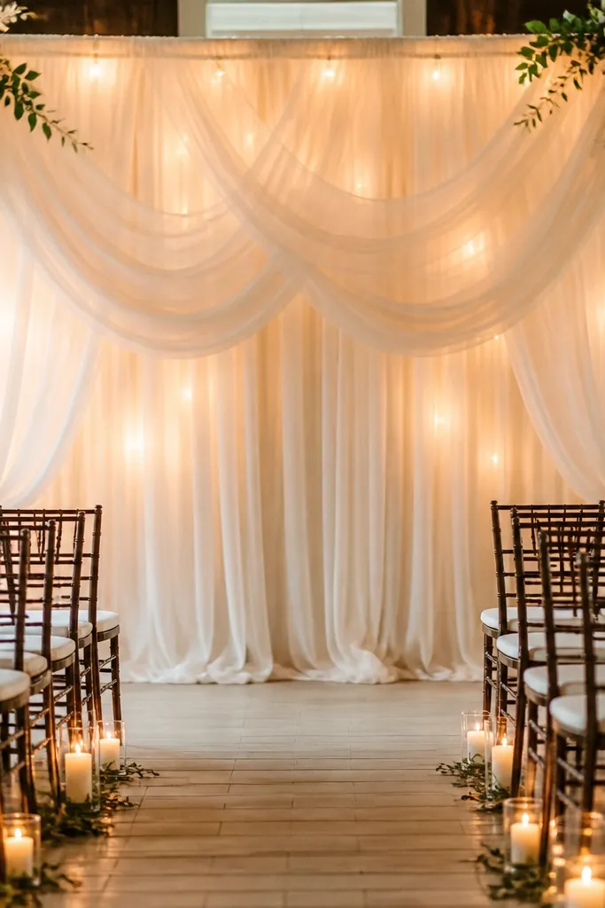 Cheesecloth draped behind ceremony seating in soft layers, with warm lights glowing through and a few small floral clusters at the top corners.