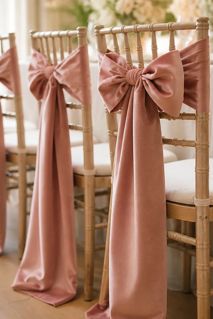 Several dining chairs with warm blush velvet ribbon bows tied on the backs. The bows have soft loops and long tails that drape slightly toward the seat.